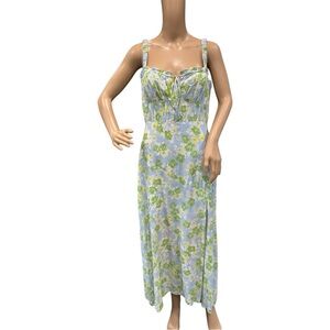 ASTR The Label Elsie Dress Womens Size Large Blue Green Floral Midi Leg Slit